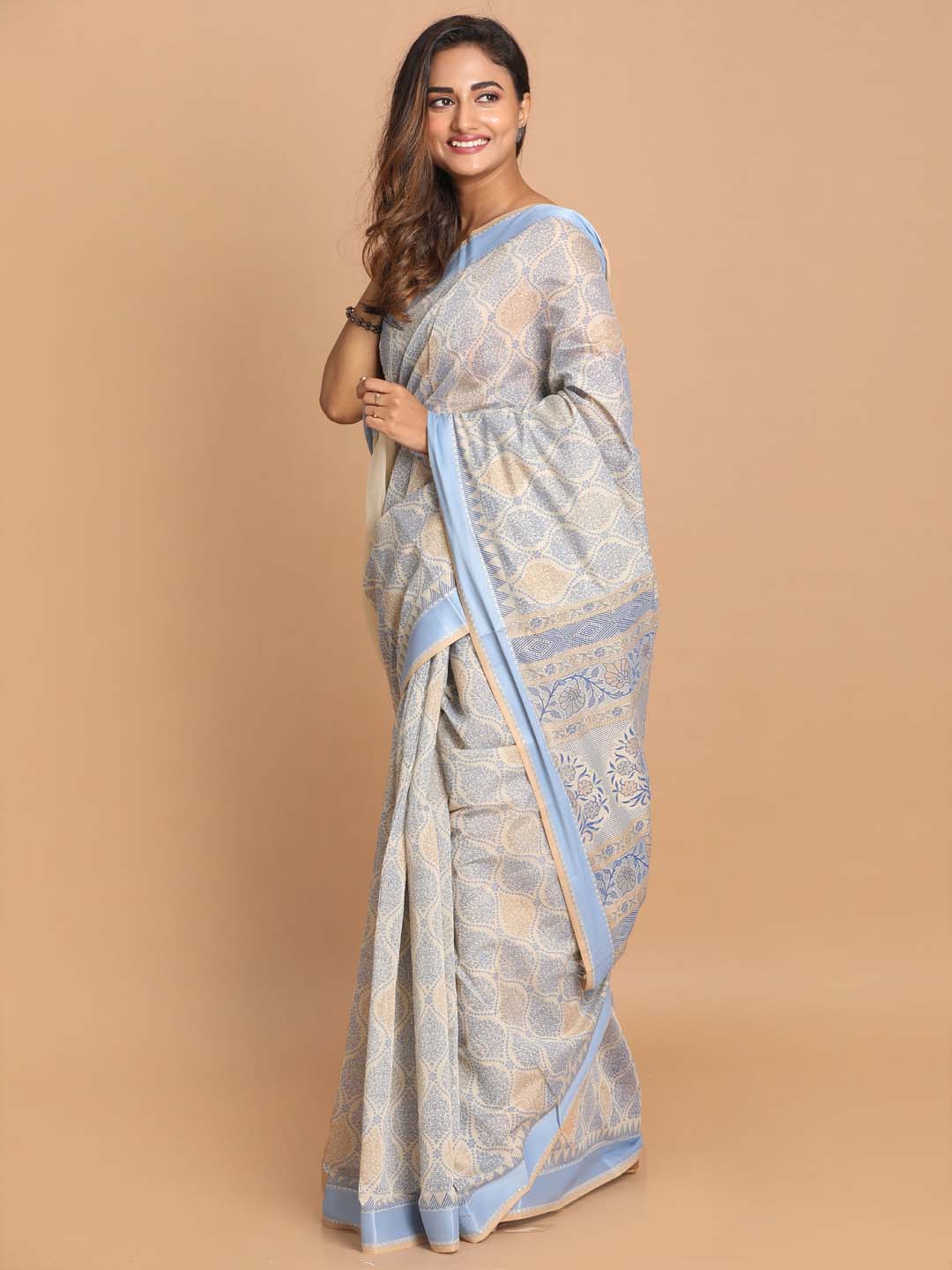 Indethnic Printed Cotton Blend Saree in Blue - View 2