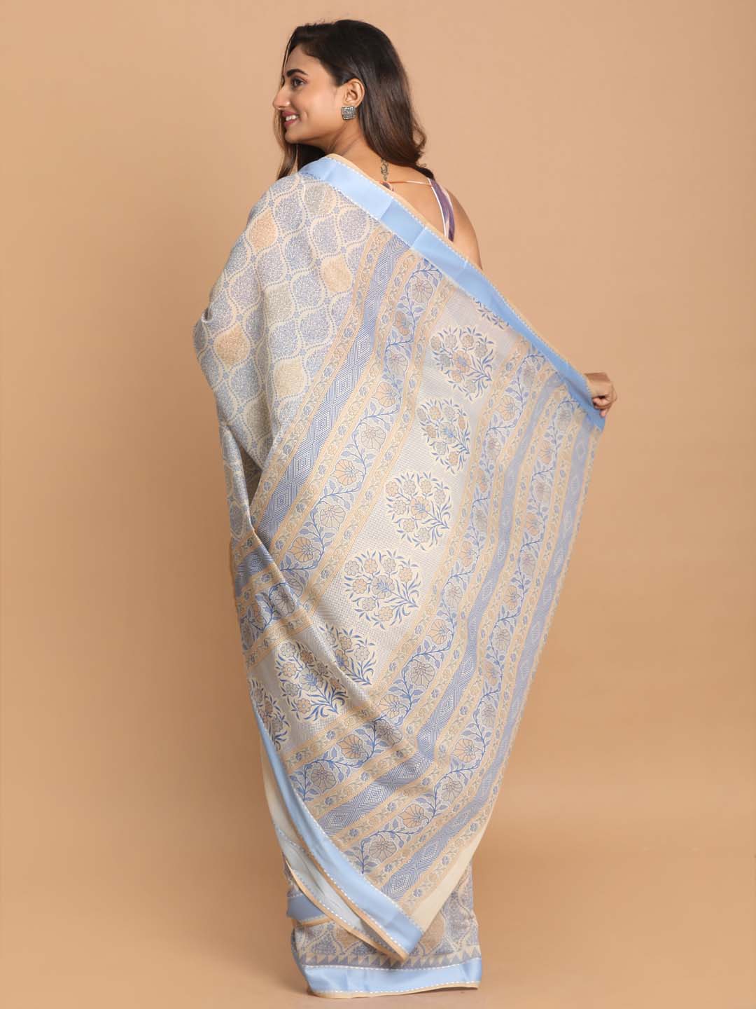 Indethnic Printed Cotton Blend Saree in Blue - View 3