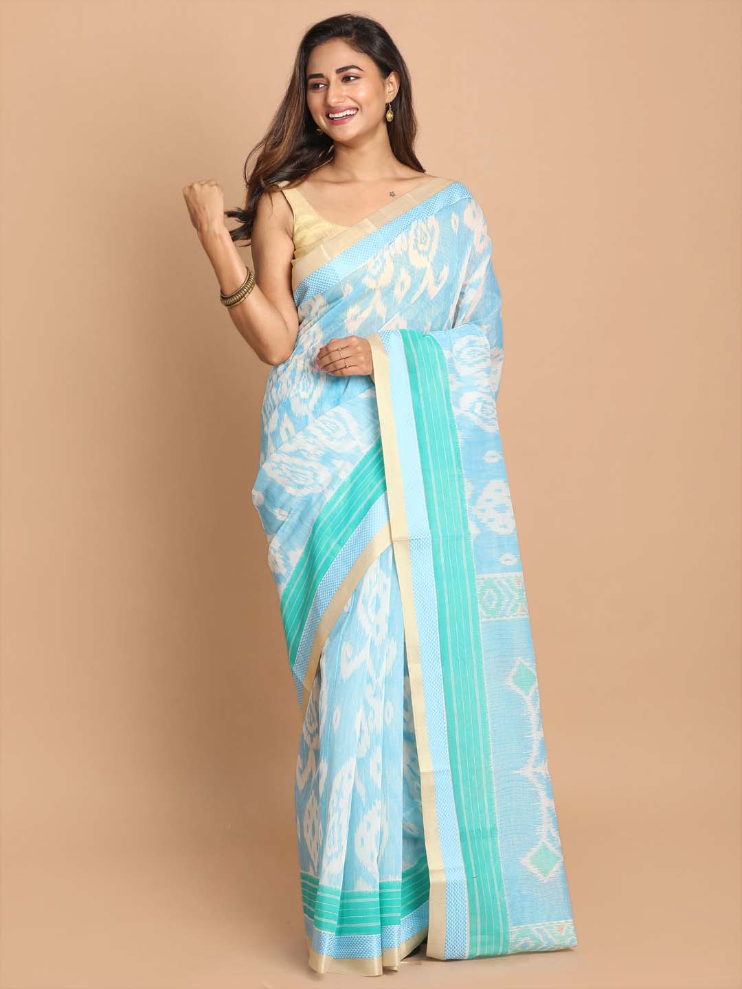 Indethnic Printed Cotton Blend Saree in Blue - View 1