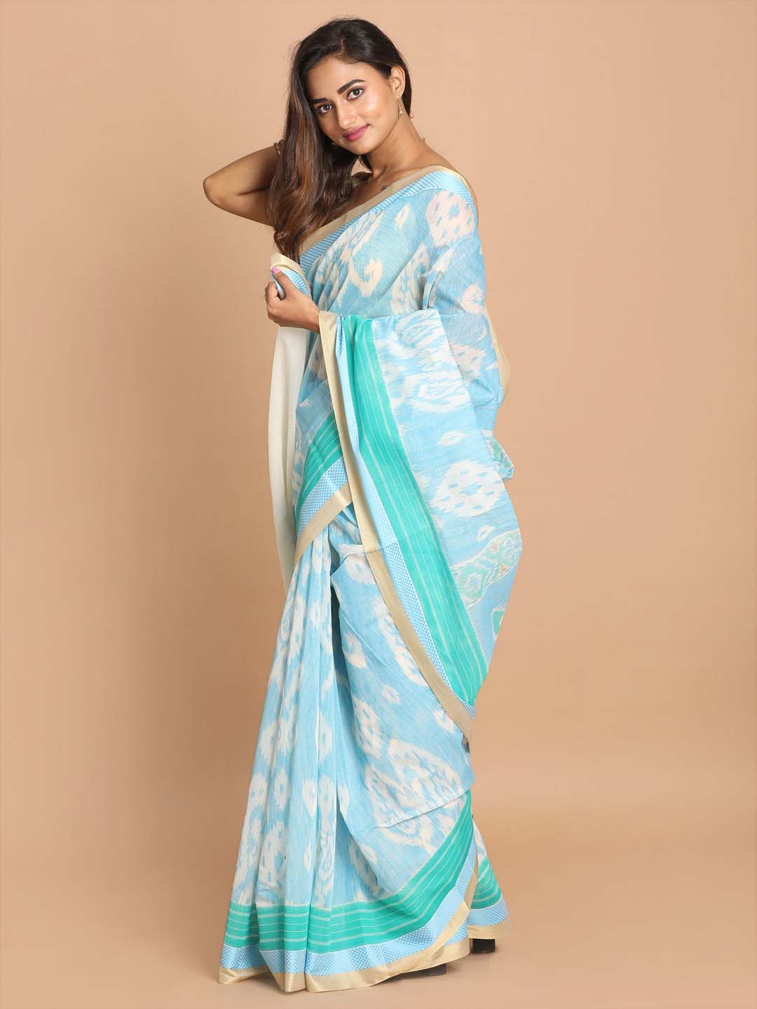 Indethnic Printed Cotton Blend Saree in Blue - View 2