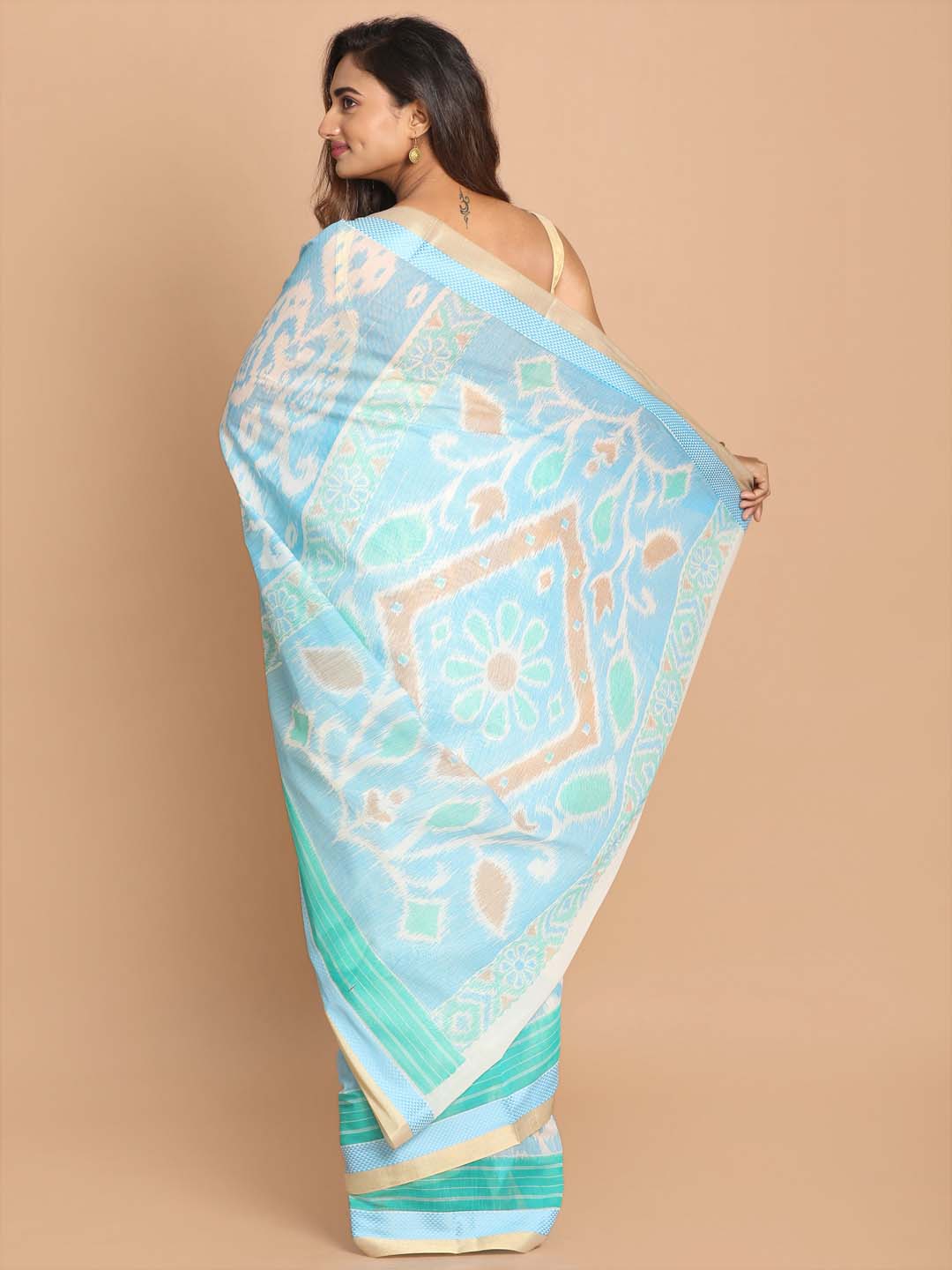 Indethnic Printed Cotton Blend Saree in Blue - View 3