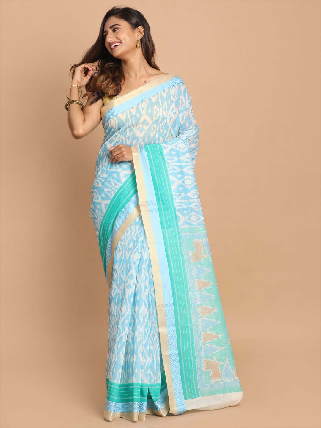 Indethnic Printed Cotton Blend Saree in Blue - View 1