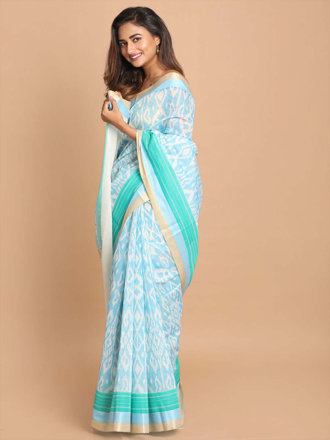 Indethnic Printed Cotton Blend Saree in Blue - View 2