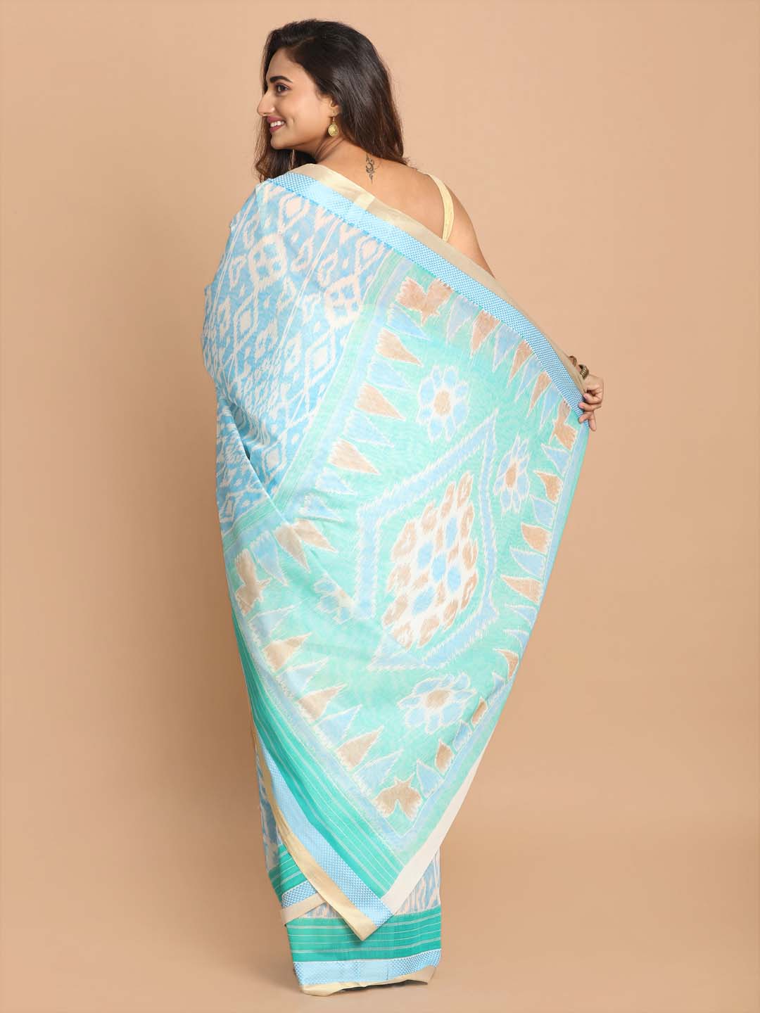 Indethnic Printed Cotton Blend Saree in Blue - View 3