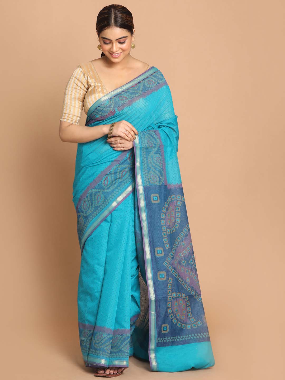 Indethnic Printed Cotton Blend Saree in Blue - View 1