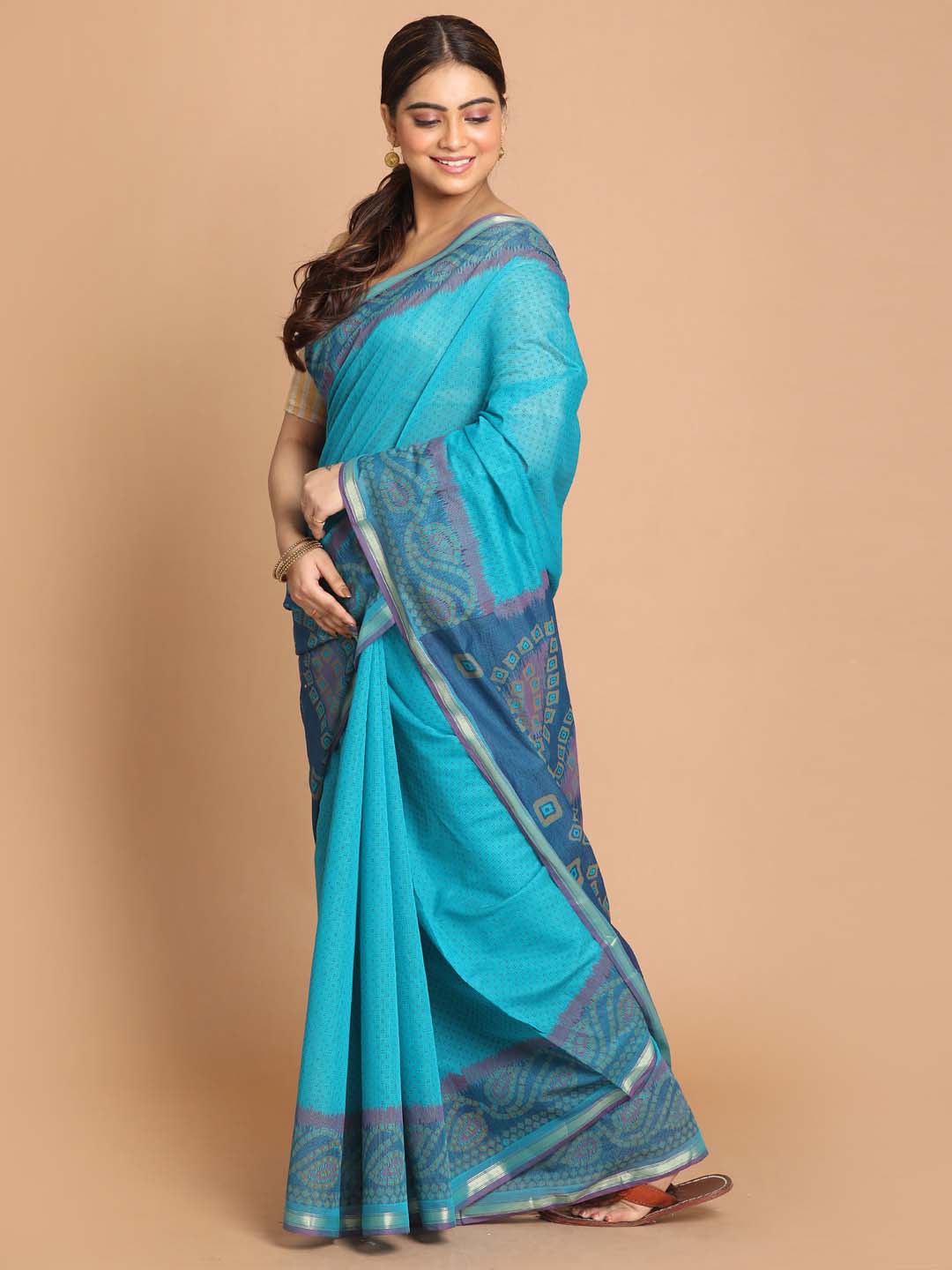 Indethnic Printed Cotton Blend Saree in Blue - View 2