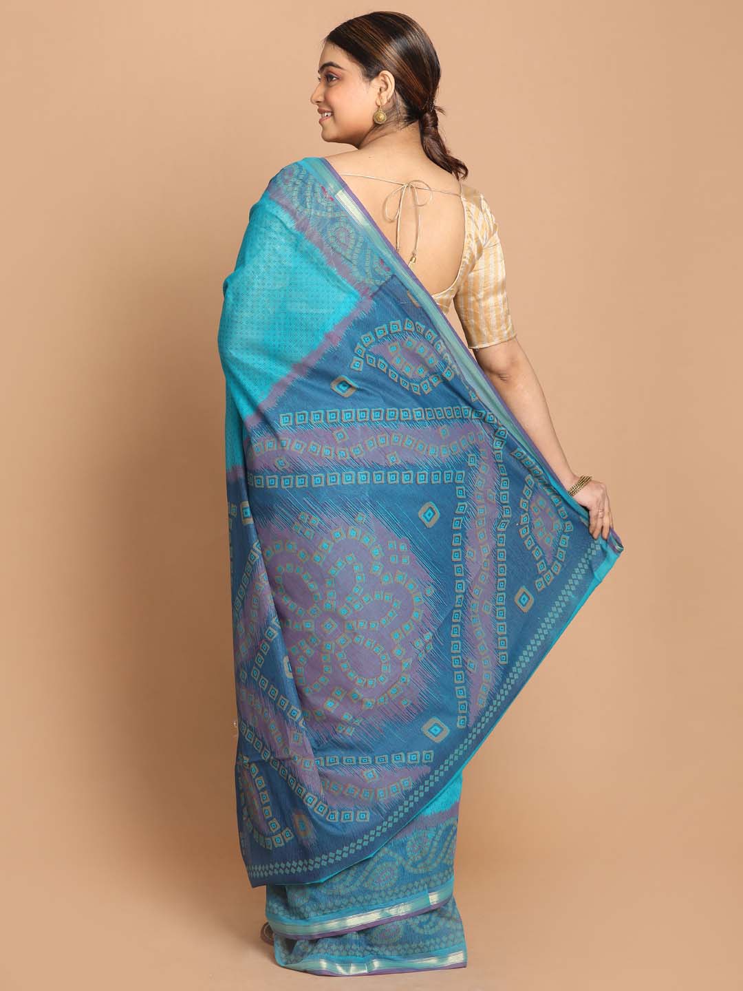 Indethnic Printed Cotton Blend Saree in Blue - View 3