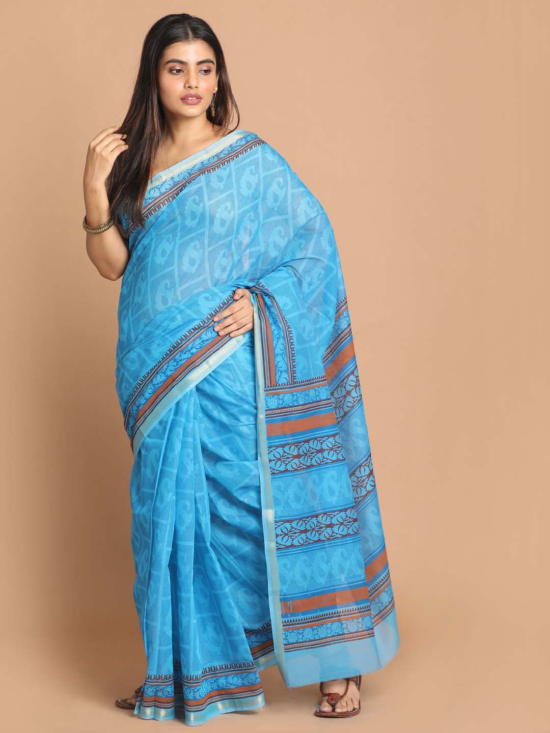 Indethnic Printed Cotton Blend Saree in Blue - View 1