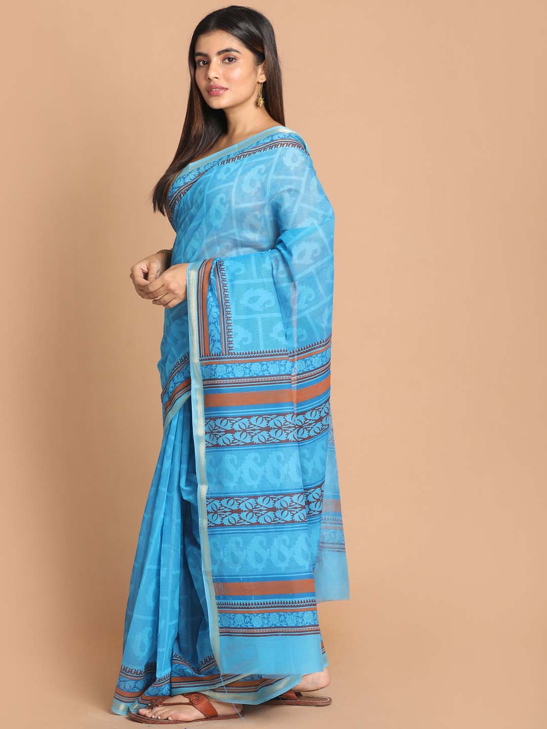 Indethnic Printed Cotton Blend Saree in Blue - View 2