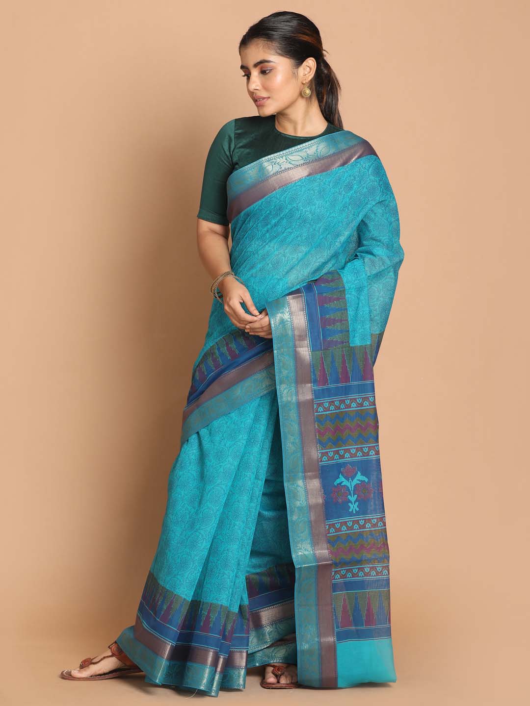 Indethnic Printed Cotton Blend Saree in Blue - View 1