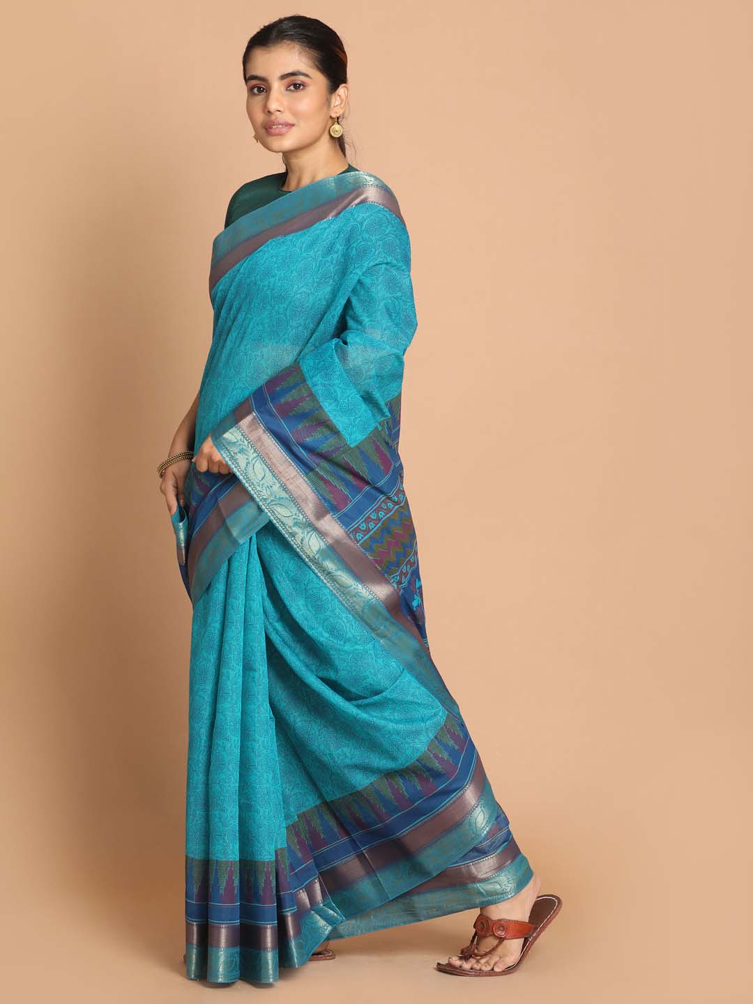 Indethnic Printed Cotton Blend Saree in Blue - View 2