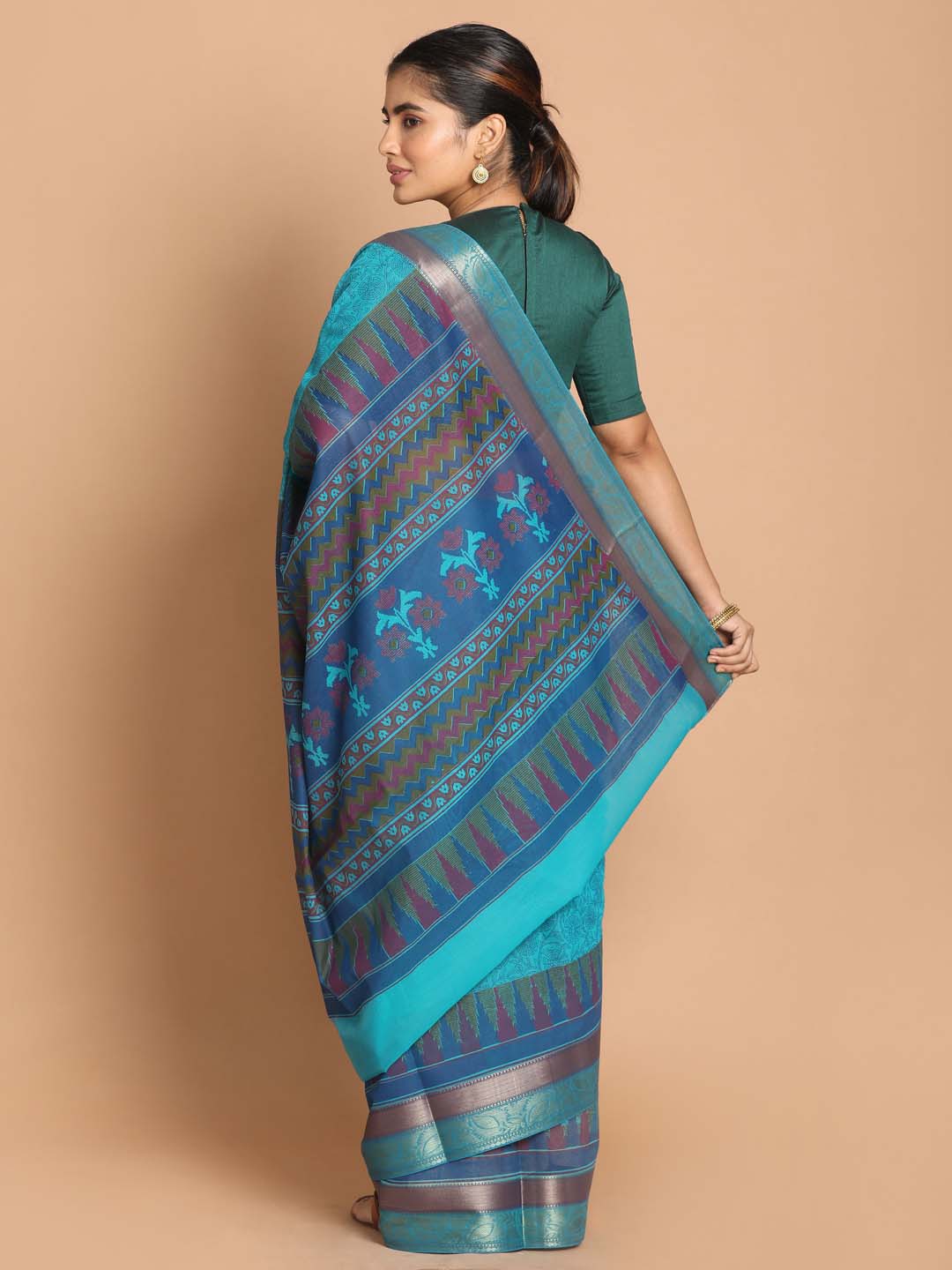 Indethnic Printed Cotton Blend Saree in Blue - View 3