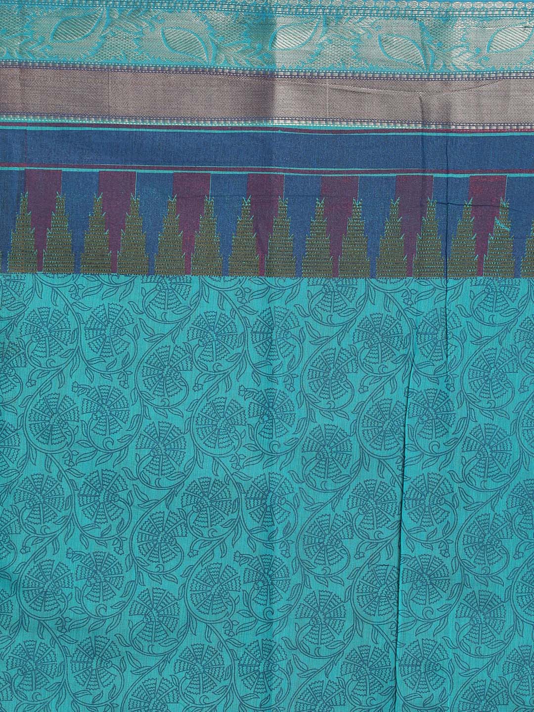 Indethnic Printed Cotton Blend Saree in Blue - Saree Detail View