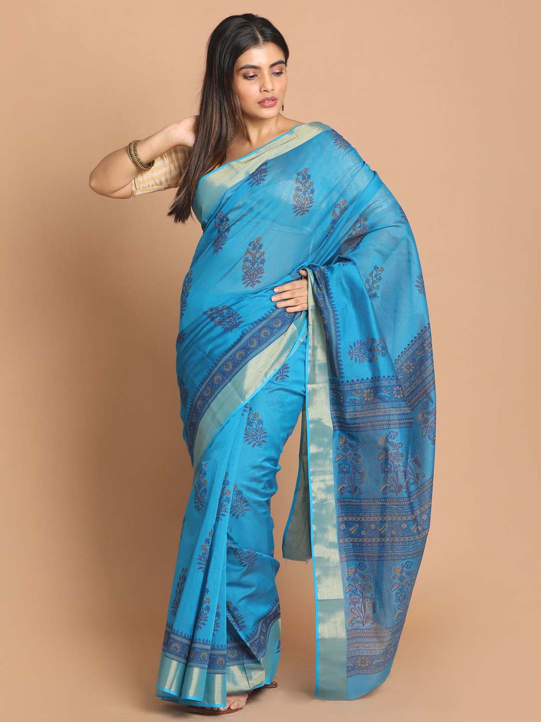 Indethnic Printed Cotton Blend Saree in Blue - View 1