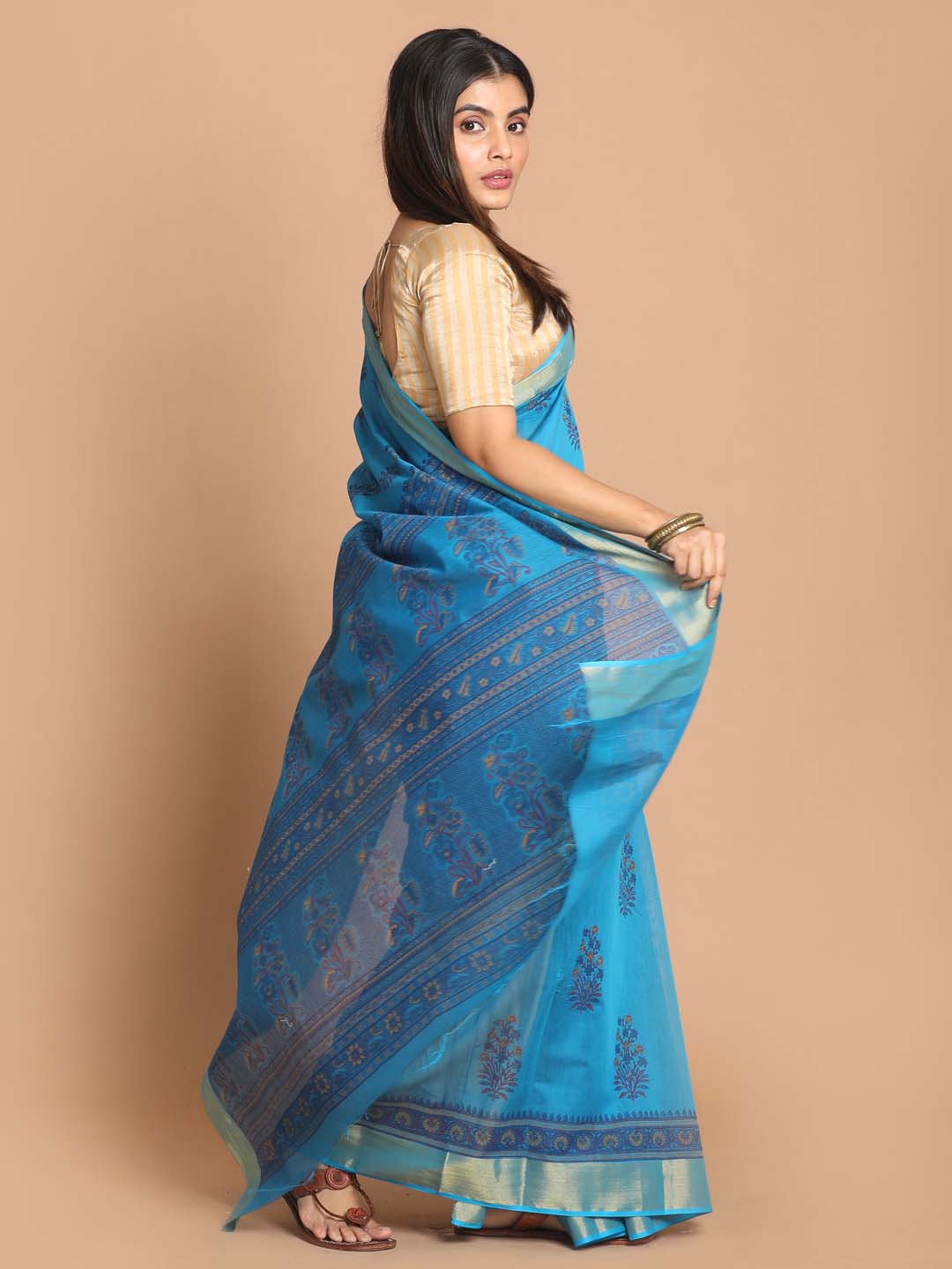 Indethnic Printed Cotton Blend Saree in Blue - View 2