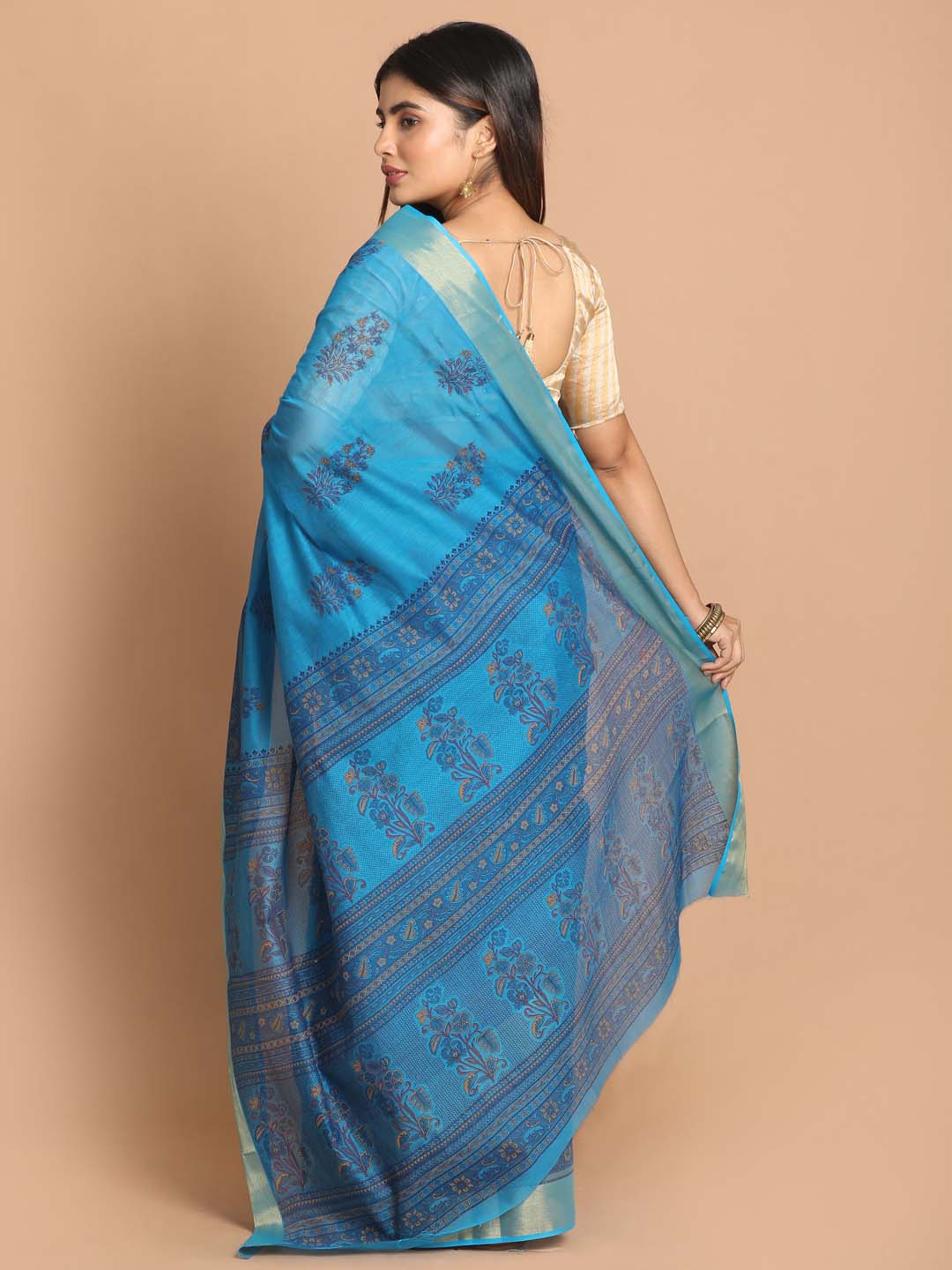 Indethnic Printed Cotton Blend Saree in Blue - View 3