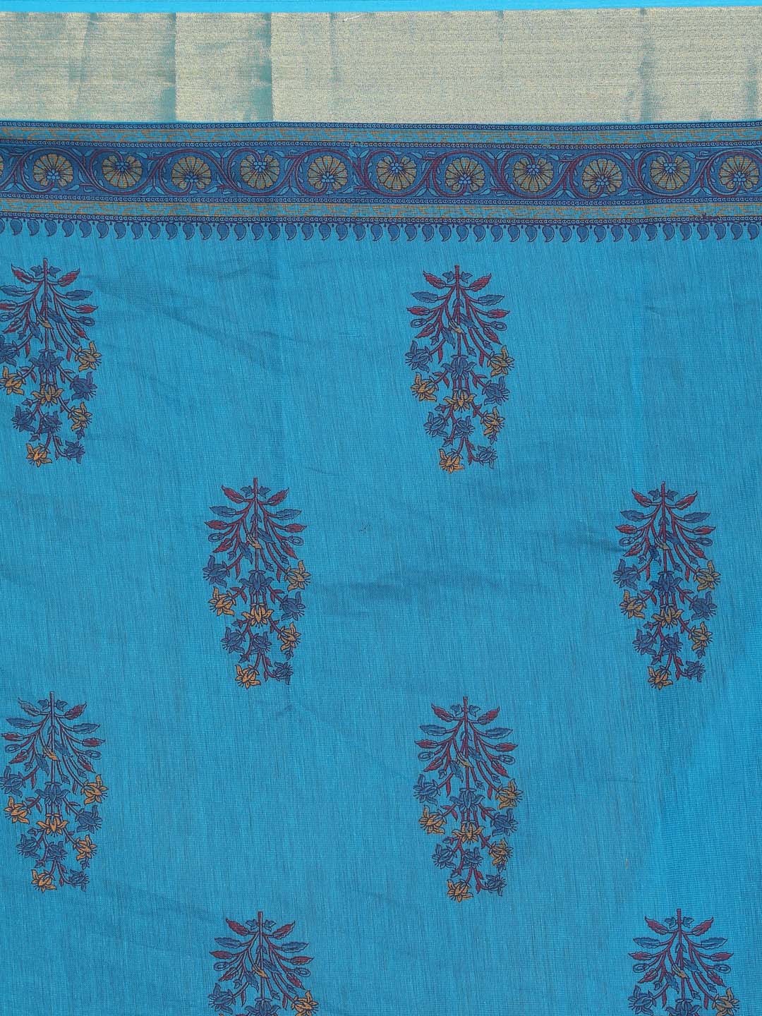 Indethnic Printed Cotton Blend Saree in Blue - Saree Detail View