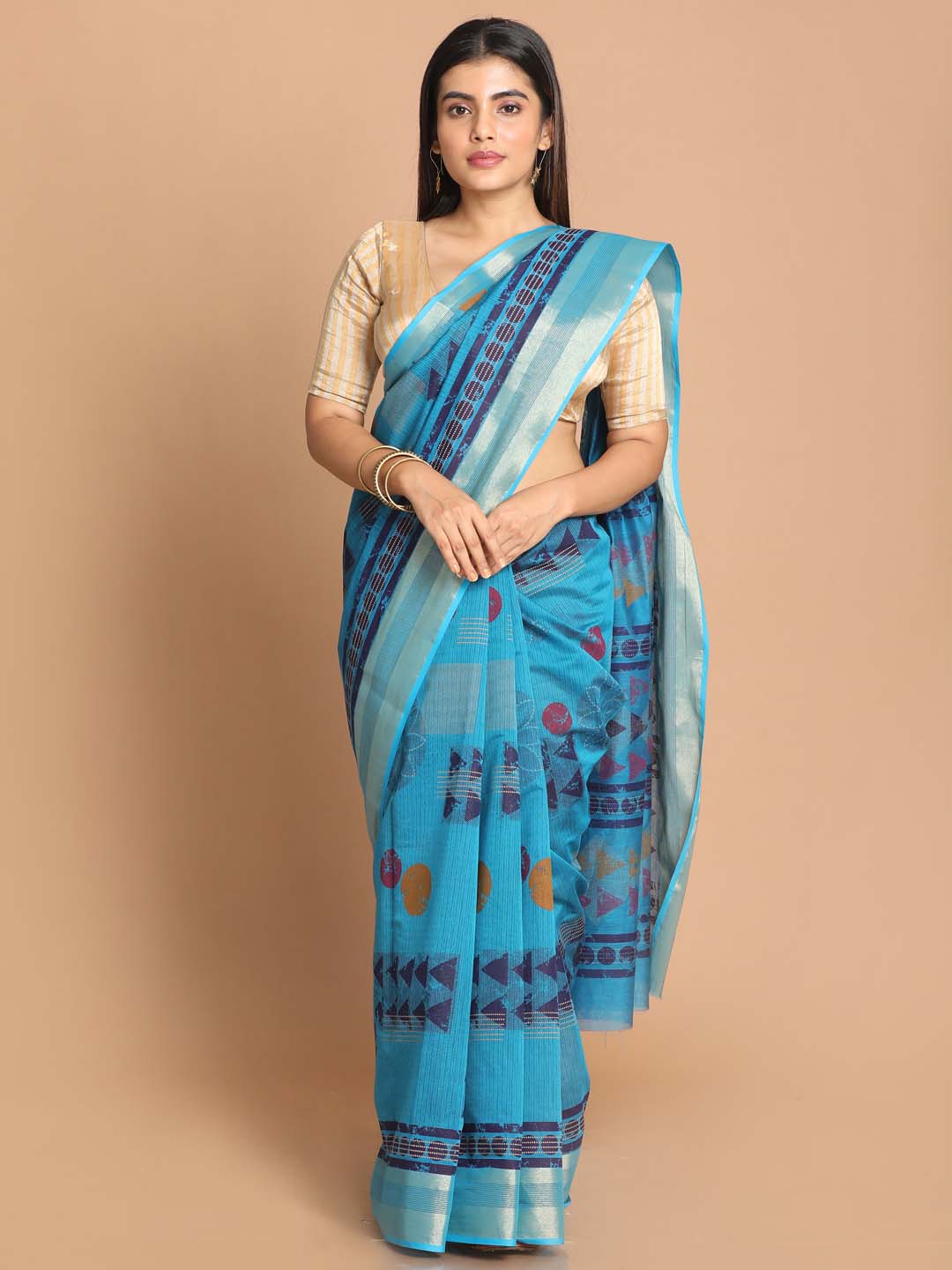 Indethnic Printed Cotton Blend Saree in Blue - View 1