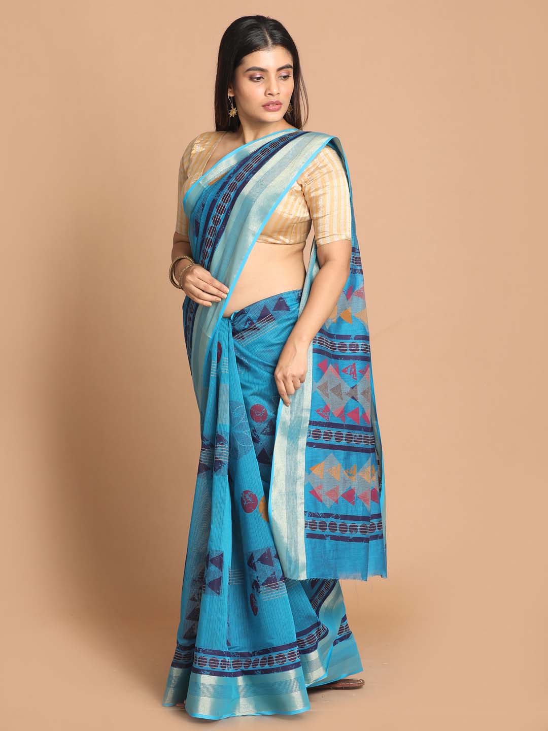 Indethnic Printed Cotton Blend Saree in Blue - View 2