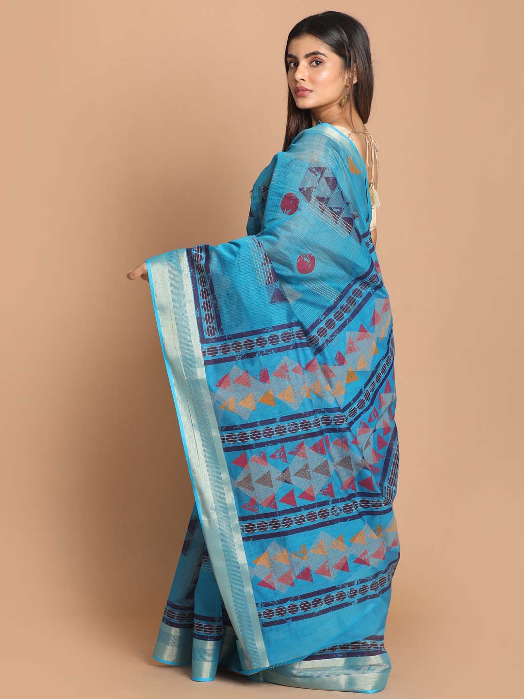 Indethnic Printed Cotton Blend Saree in Blue - View 3