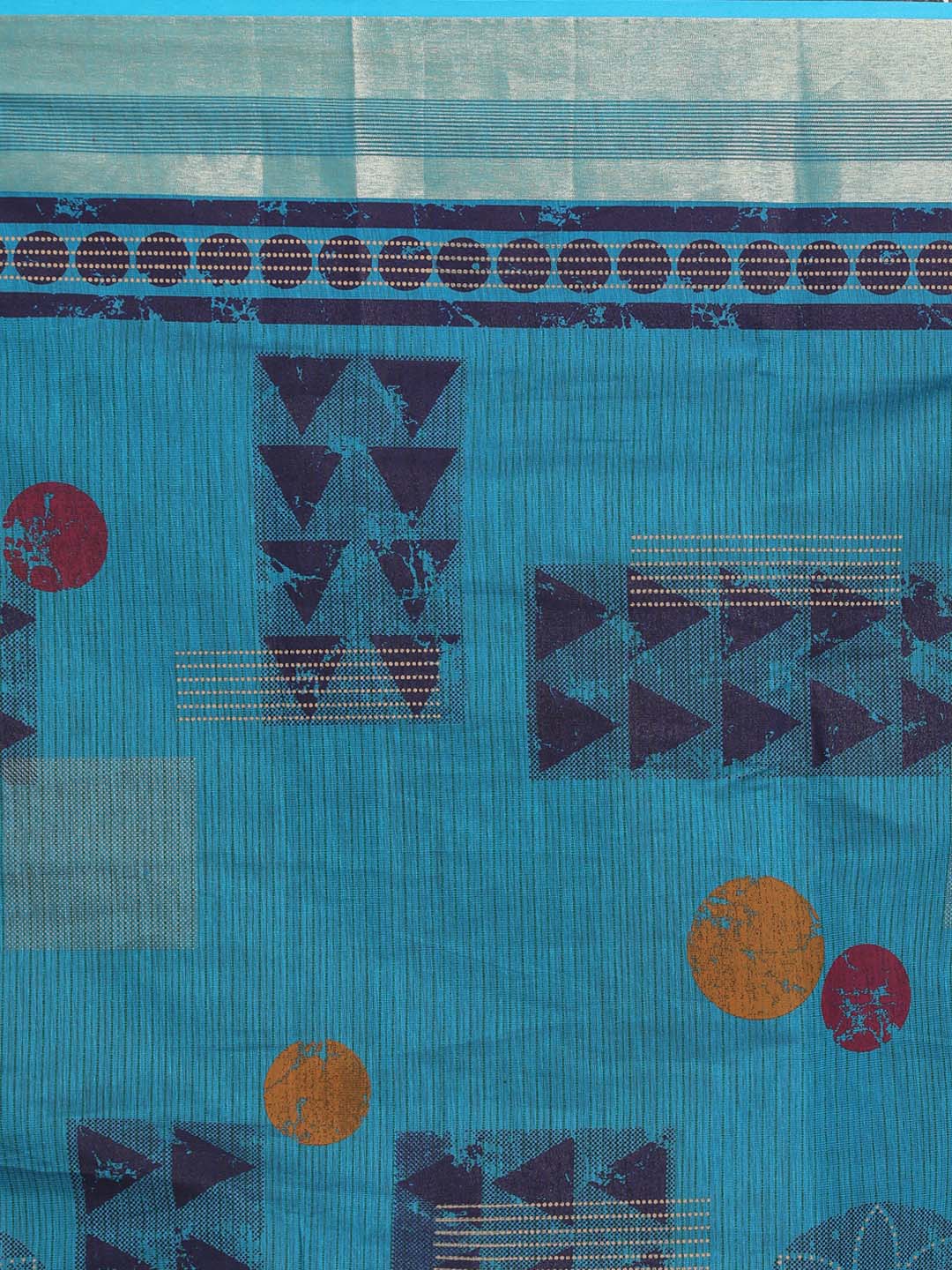 Indethnic Printed Cotton Blend Saree in Blue - Saree Detail View