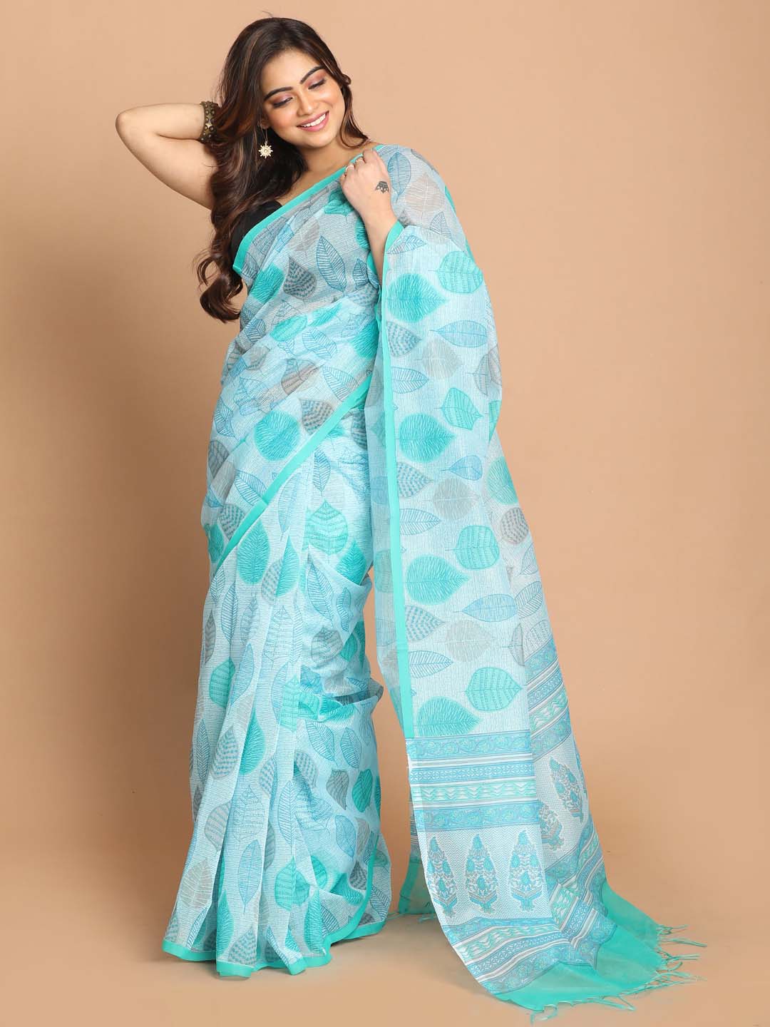 Indethnic Printed Cotton Blend Saree in Blue - View 1