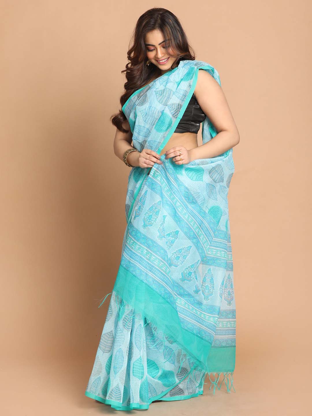 Indethnic Printed Cotton Blend Saree in Blue - View 2