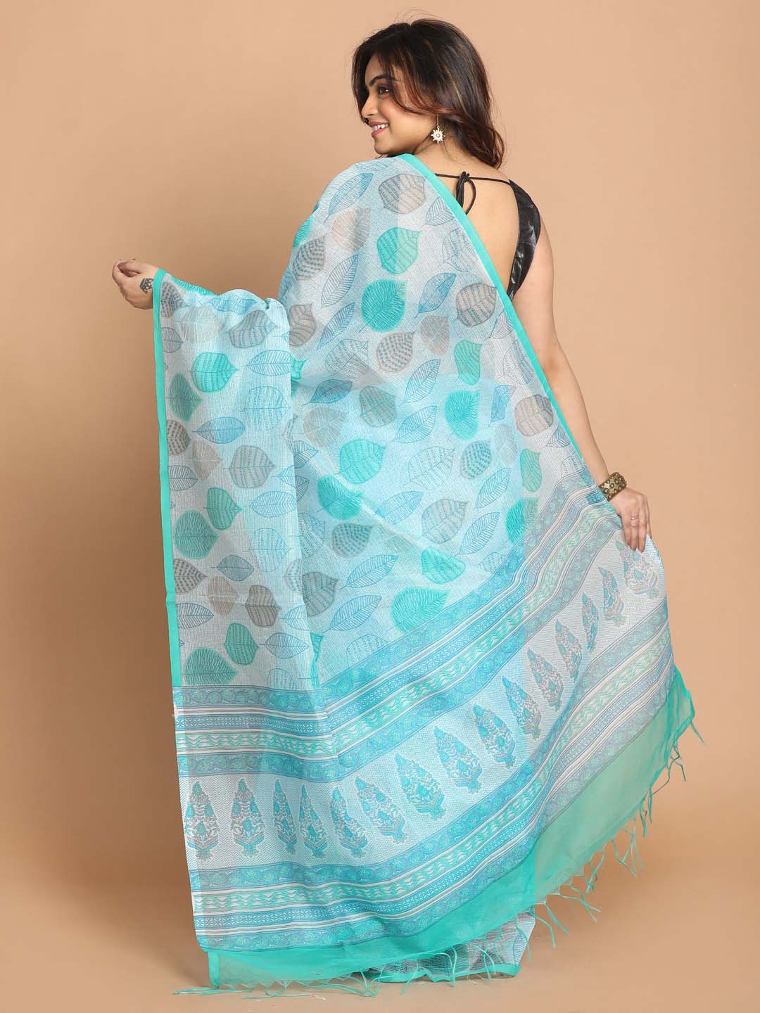 Indethnic Printed Cotton Blend Saree in Blue - View 3