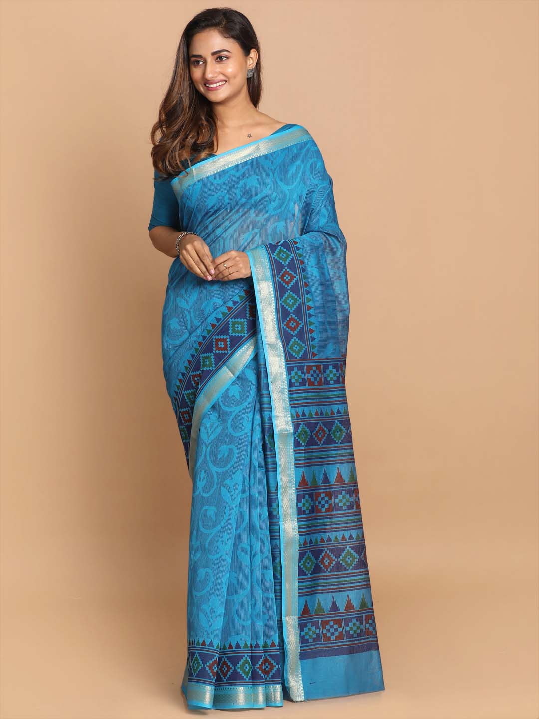 Indethnic Printed Cotton Blend Saree in Blue - View 1