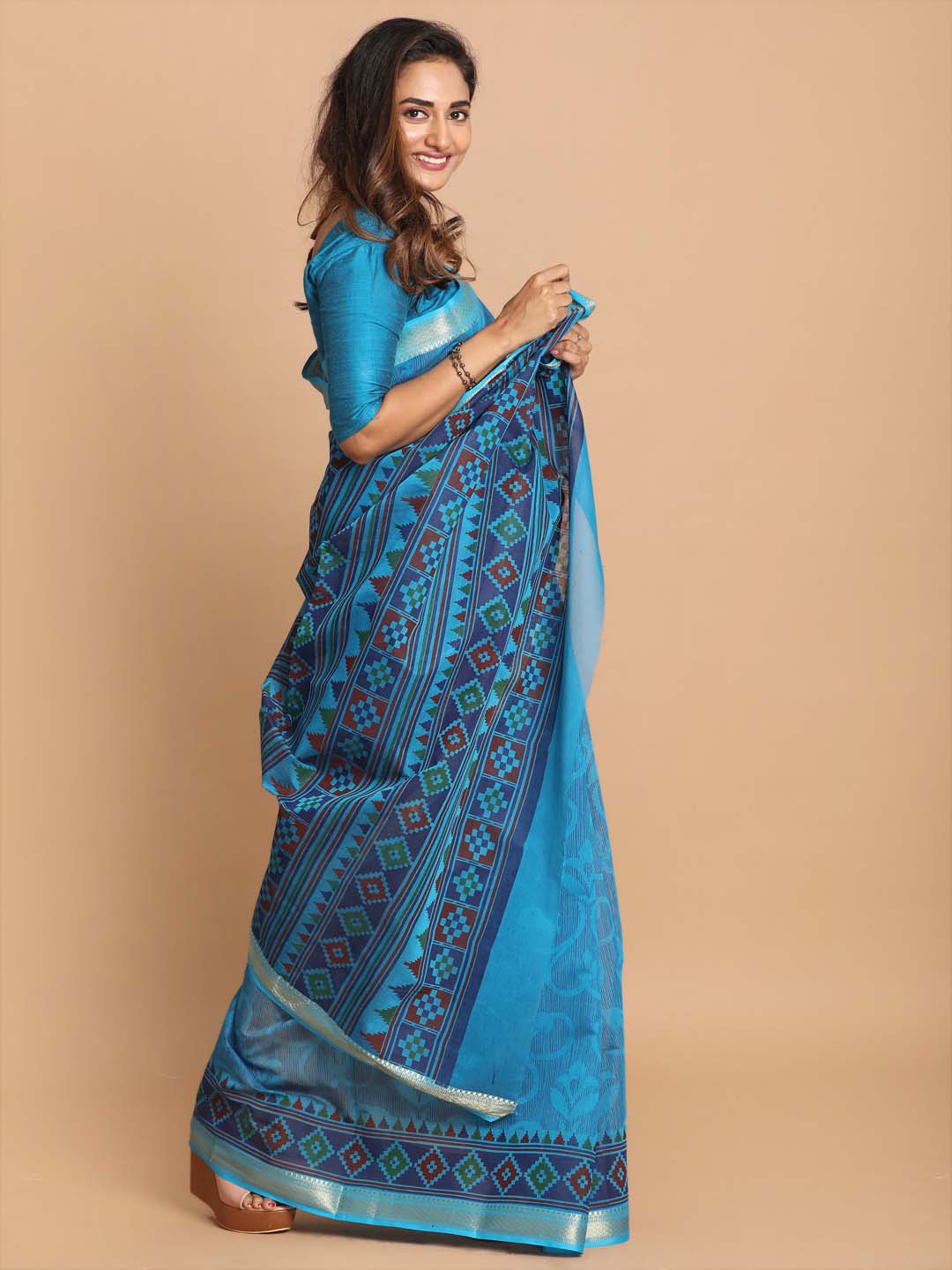 Indethnic Printed Cotton Blend Saree in Blue - View 2