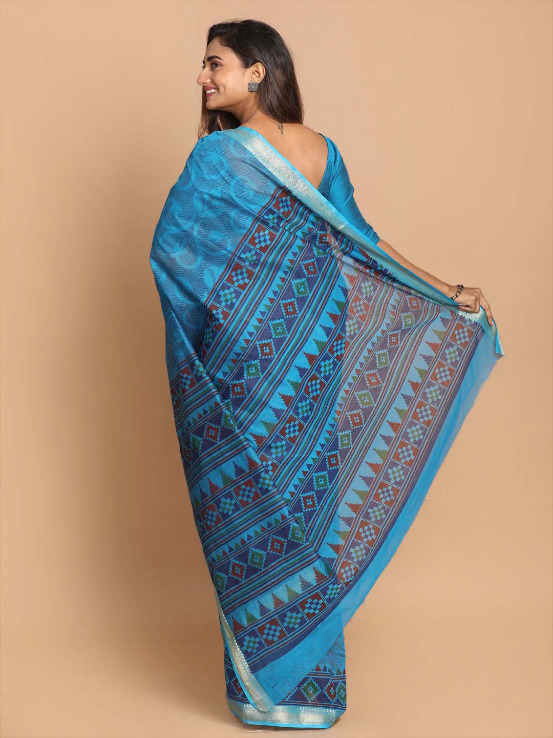 Indethnic Printed Cotton Blend Saree in Blue - View 3