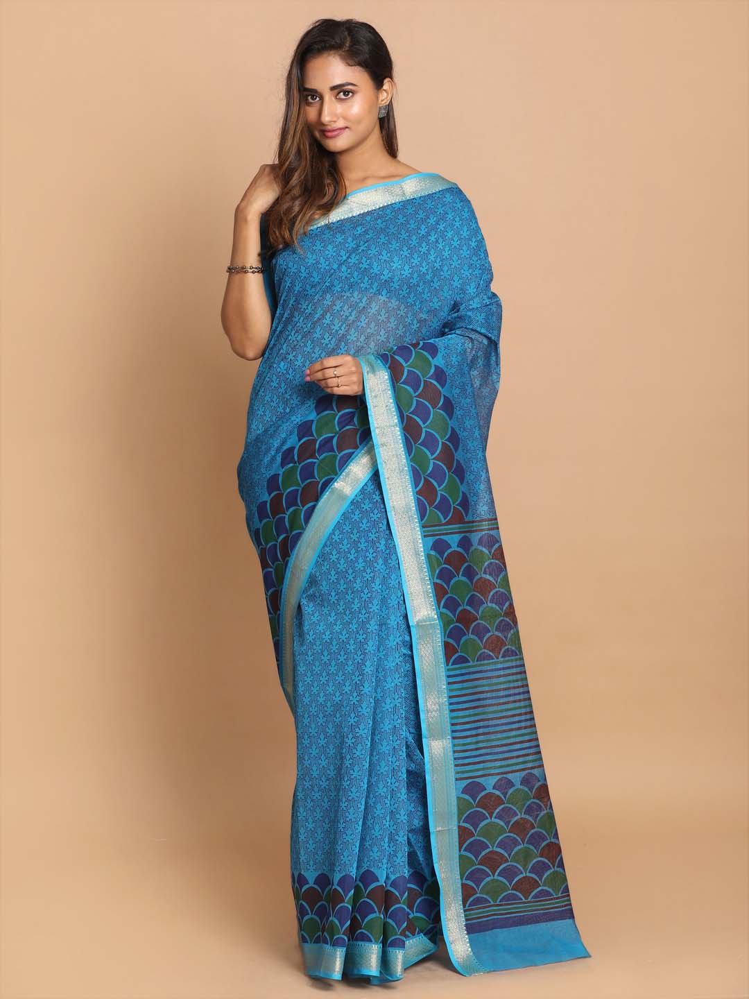 Indethnic Printed Cotton Blend Saree in Blue - View 1