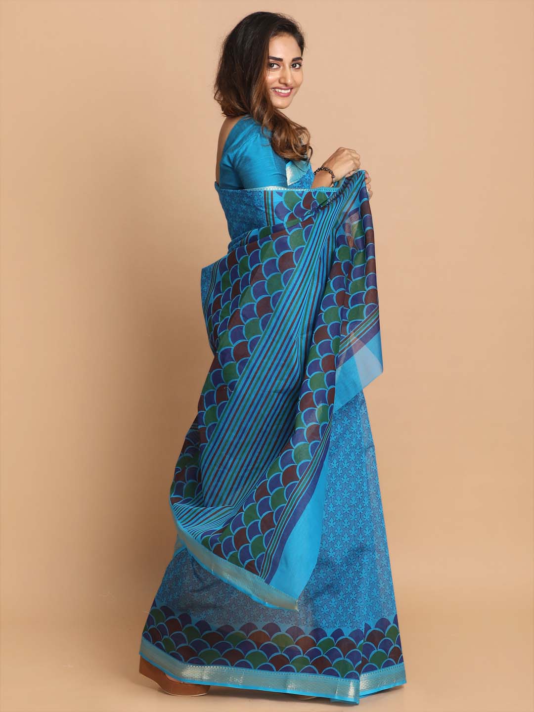 Indethnic Printed Cotton Blend Saree in Blue - View 2