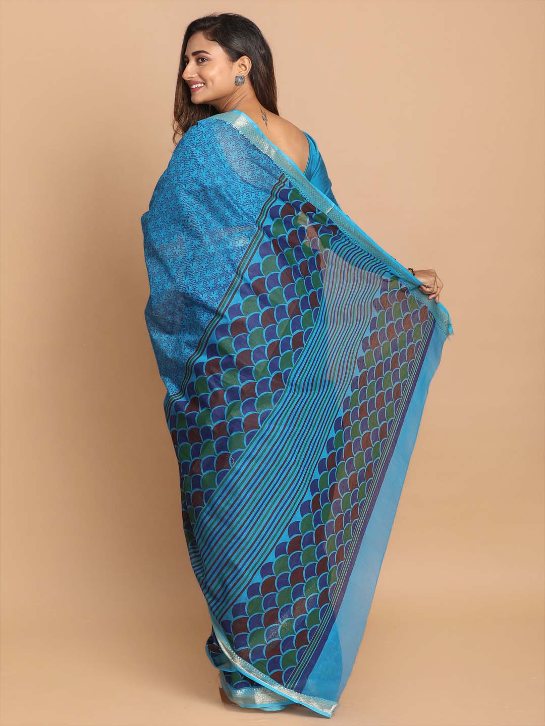 Indethnic Printed Cotton Blend Saree in Blue - View 3