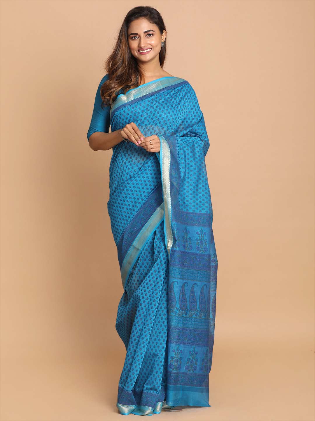 Indethnic Printed Cotton Blend Saree in Blue - View 1