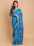 Indethnic Printed Cotton Blend Saree in Blue - View 1