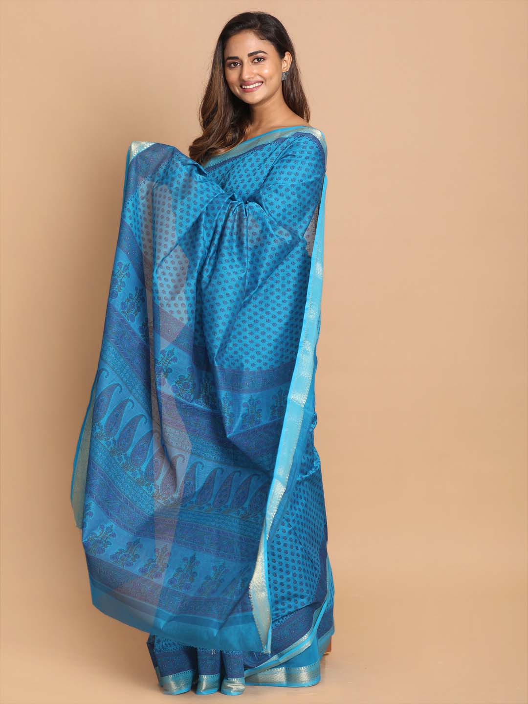 Indethnic Printed Cotton Blend Saree in Blue - View 2