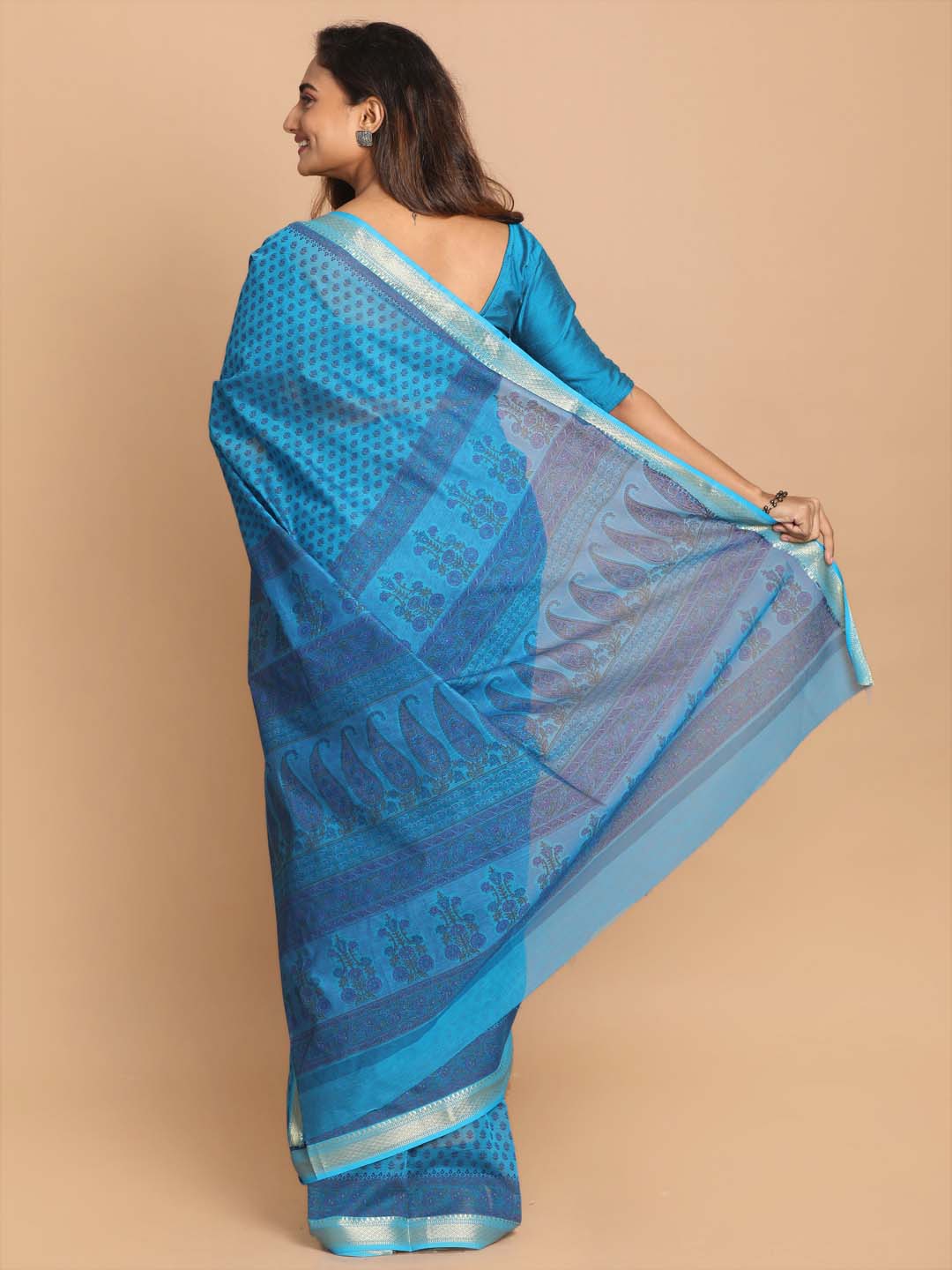 Indethnic Printed Cotton Blend Saree in Blue - View 3