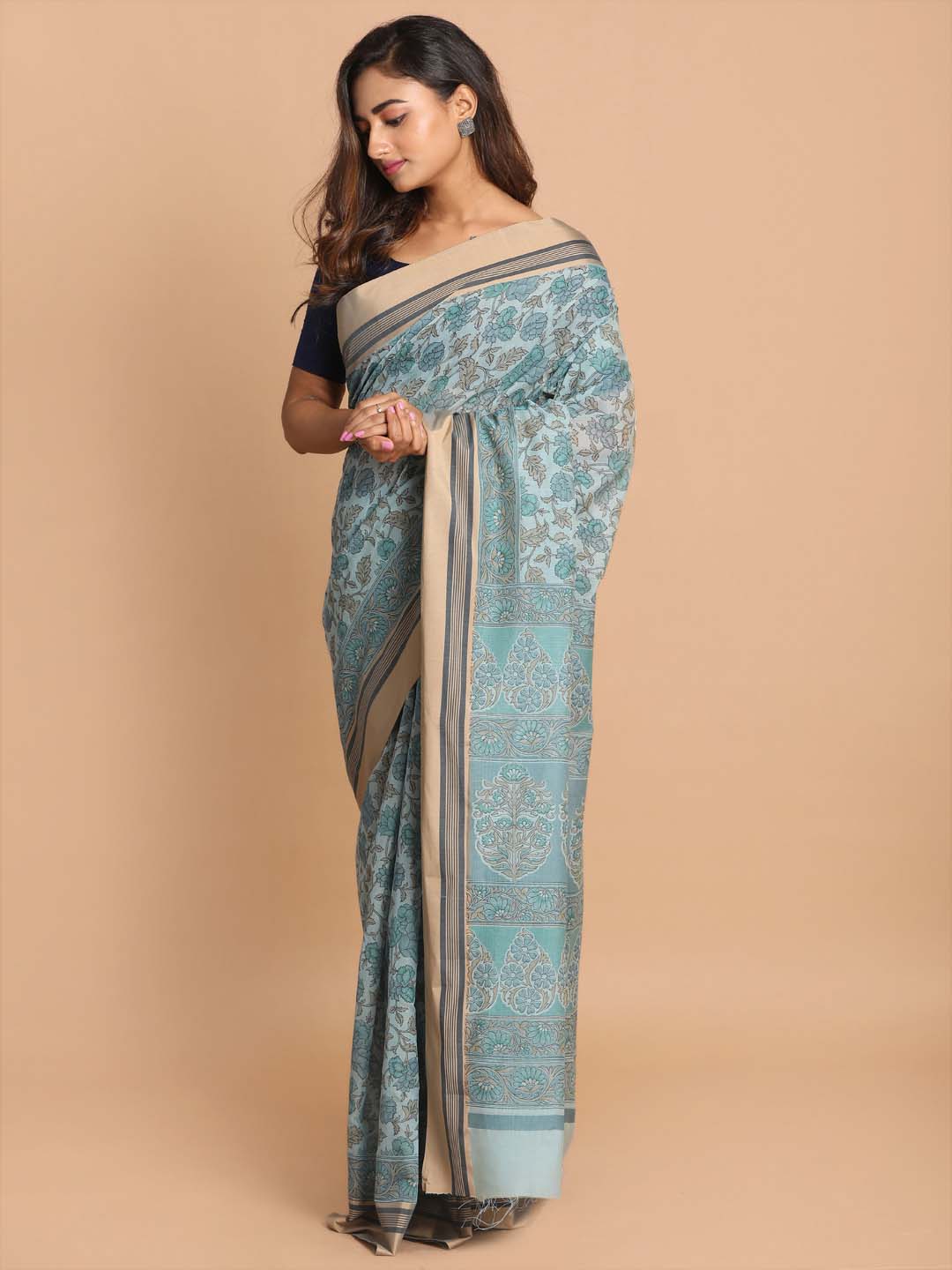 Indethnic Printed Cotton Blend Saree in Blue - View 1