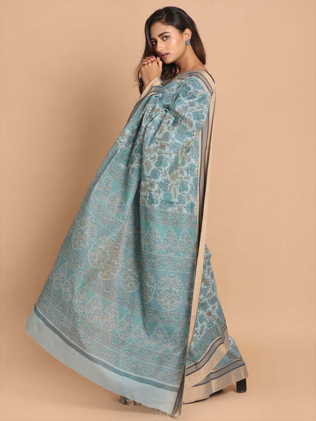 Indethnic Printed Cotton Blend Saree in Blue - View 2