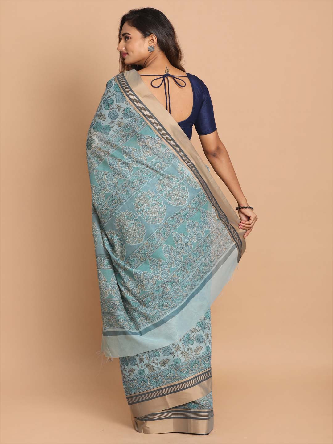 Indethnic Printed Cotton Blend Saree in Blue - View 3