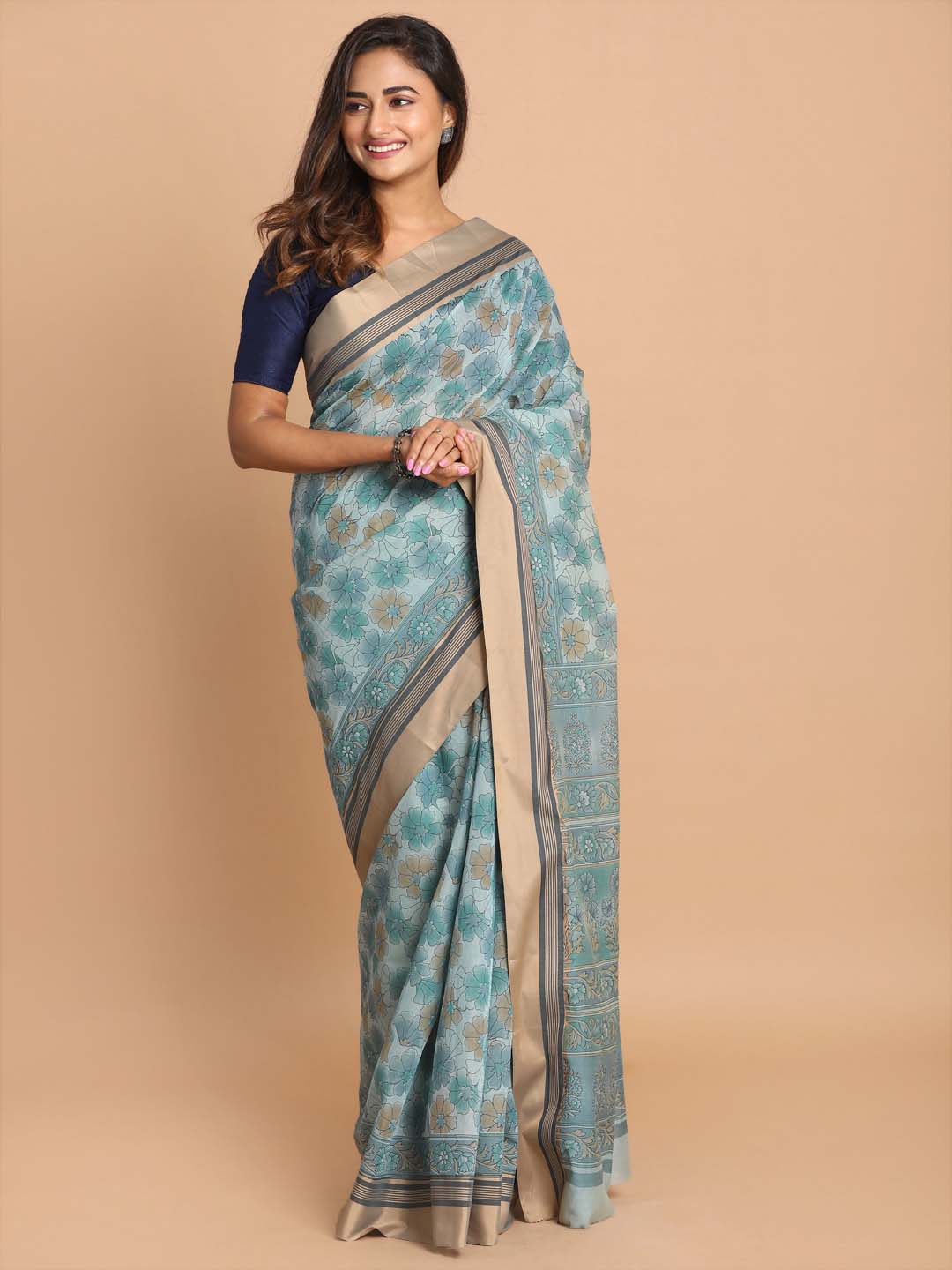 Indethnic Printed Cotton Blend Saree in Blue - View 1