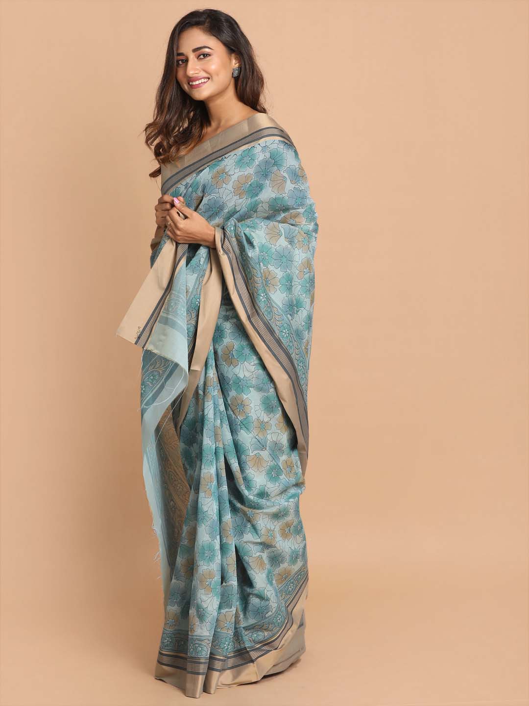 Indethnic Printed Cotton Blend Saree in Blue - View 2