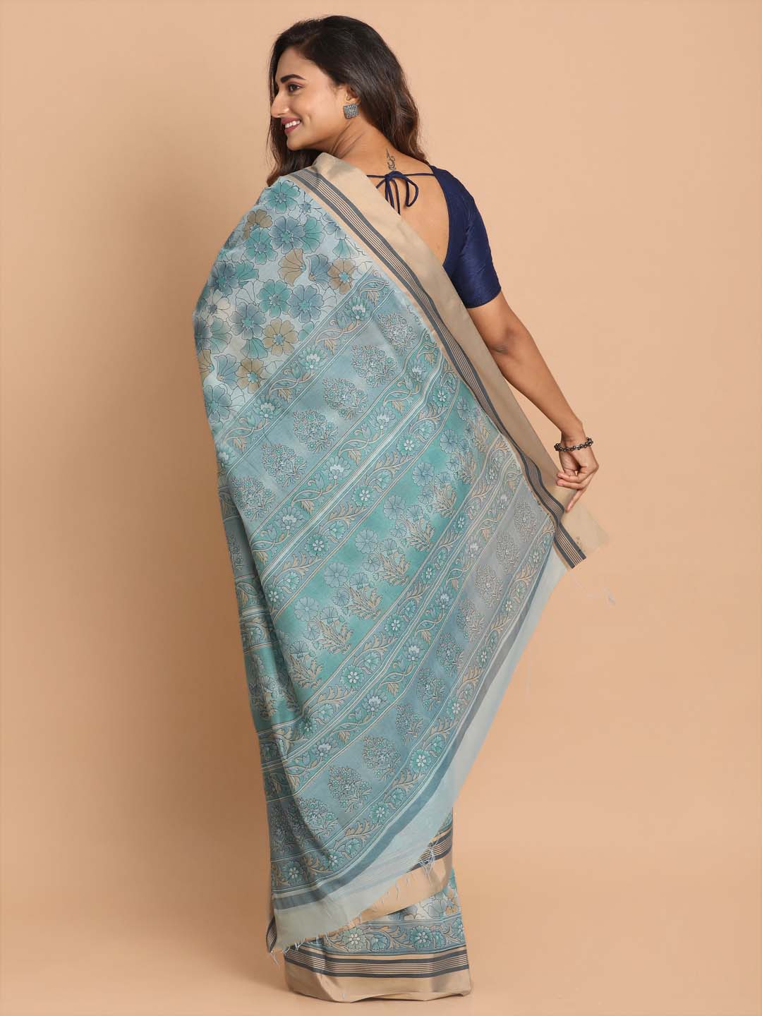 Indethnic Printed Cotton Blend Saree in Blue - View 3