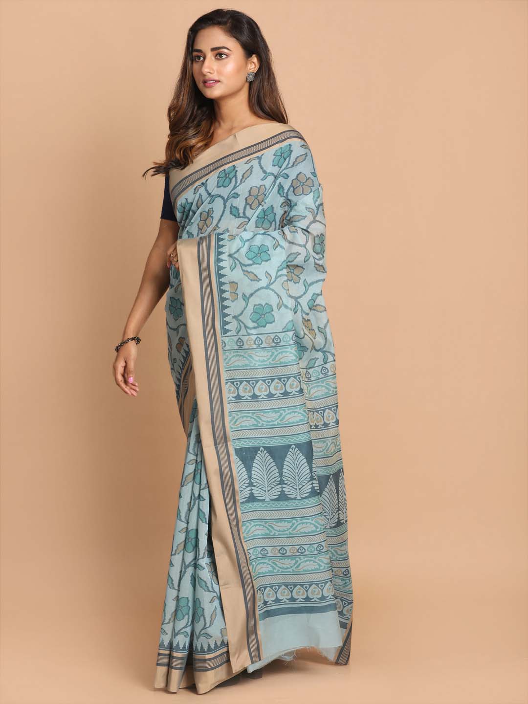 Indethnic Printed Cotton Blend Saree in Blue - View 1