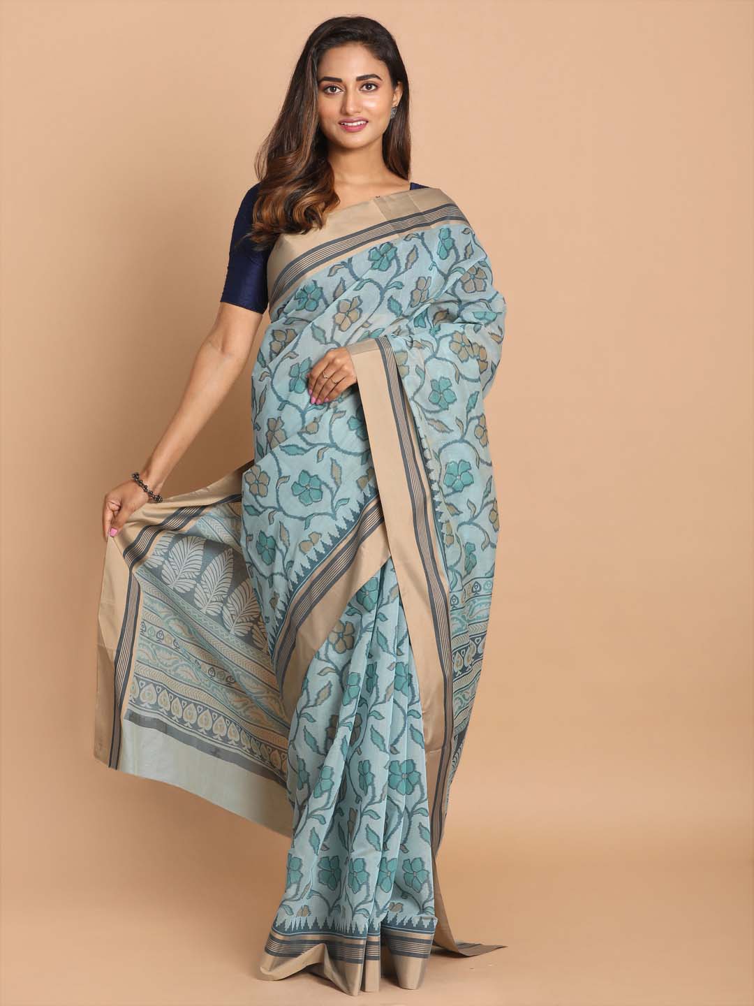 Indethnic Printed Cotton Blend Saree in Blue - View 2