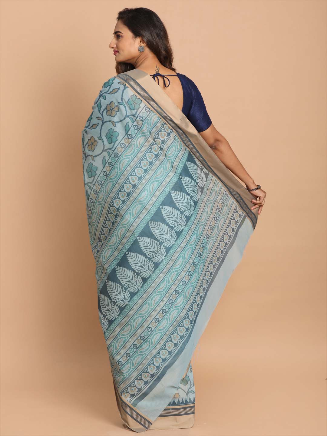 Indethnic Printed Cotton Blend Saree in Blue - View 3