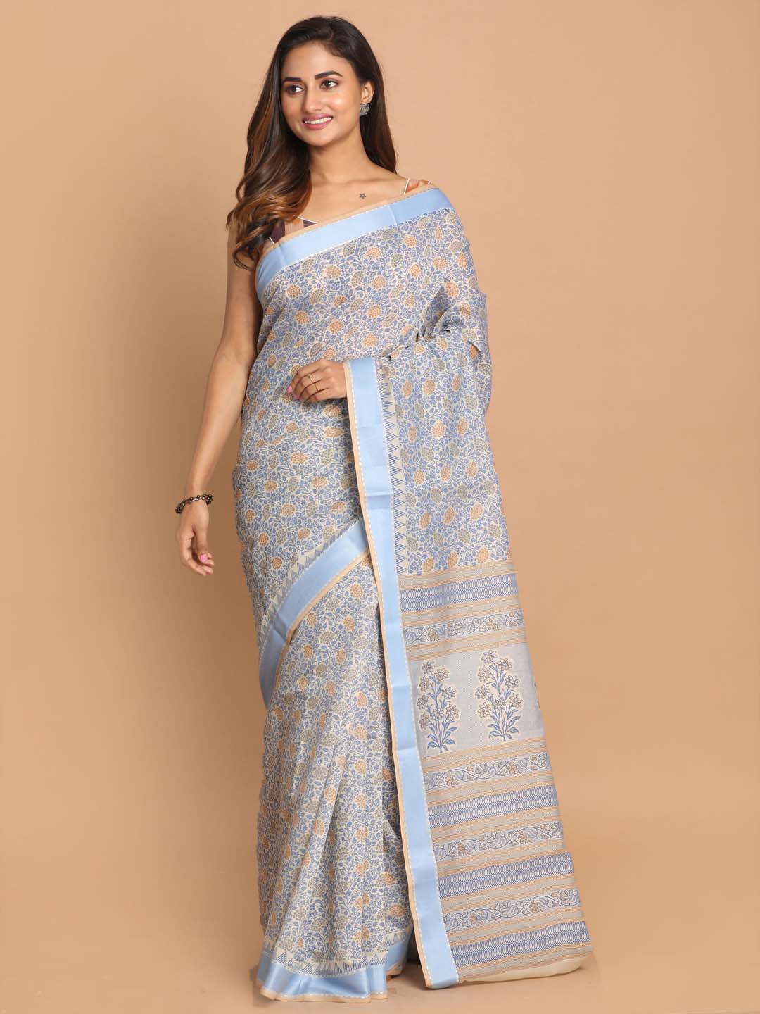 Indethnic Printed Cotton Blend Saree in Blue - View 1