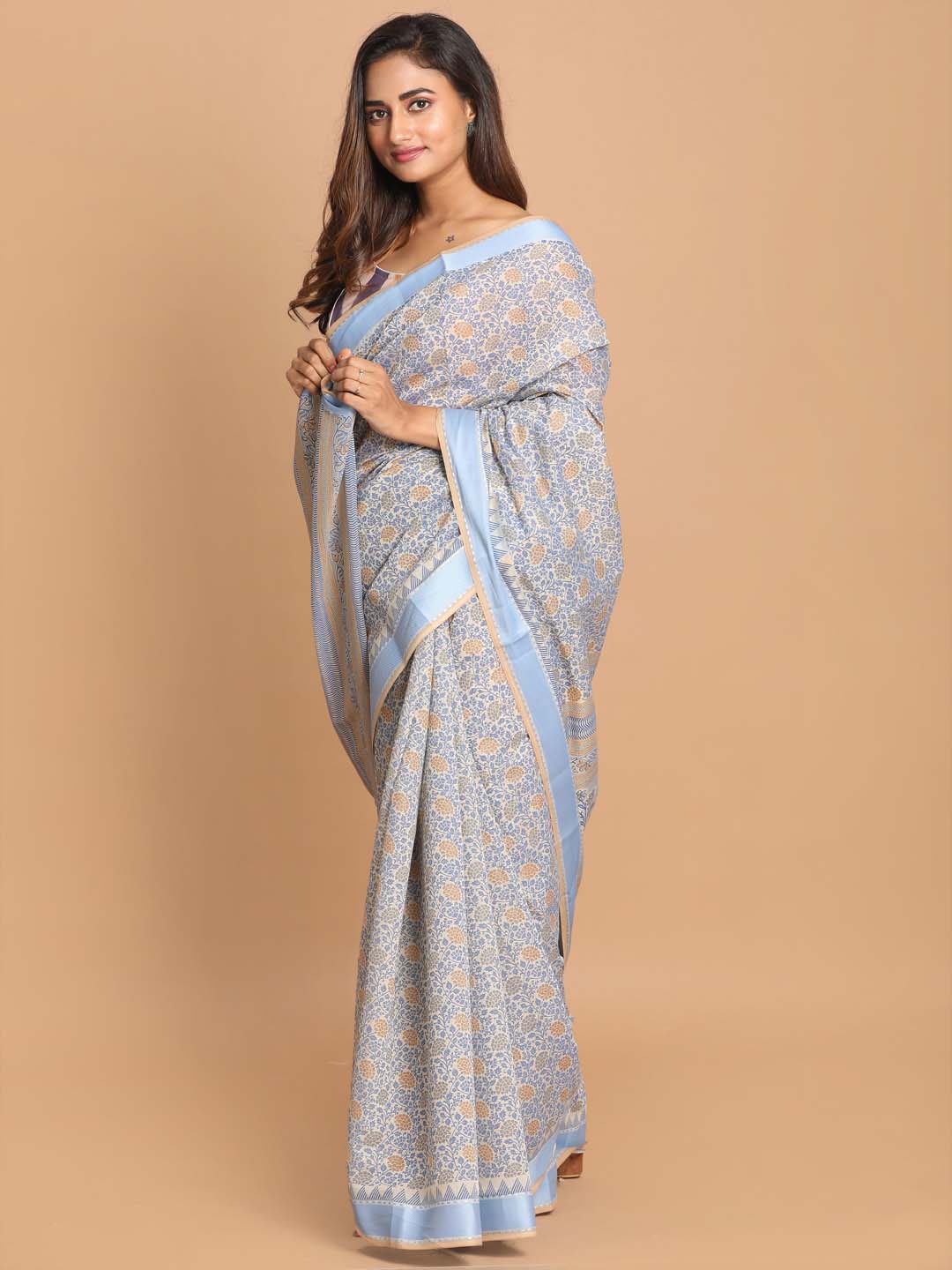 Indethnic Printed Cotton Blend Saree in Blue - View 2