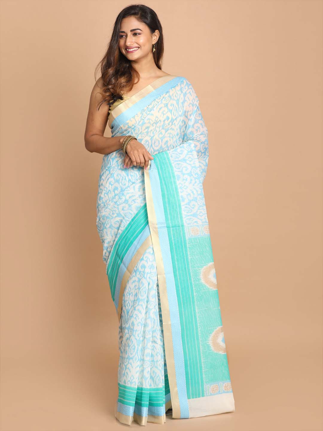 Indethnic Printed Cotton Blend Saree in Blue - View 1